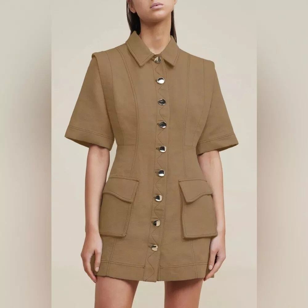 Acler Womens Dress Mini Macaulay Elbow Sleeve Button Front Hunter Green Size 8